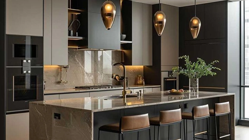 کابینت رنگ مشکی و طلایی برای دکوراسیون آشپزخانه مدرن